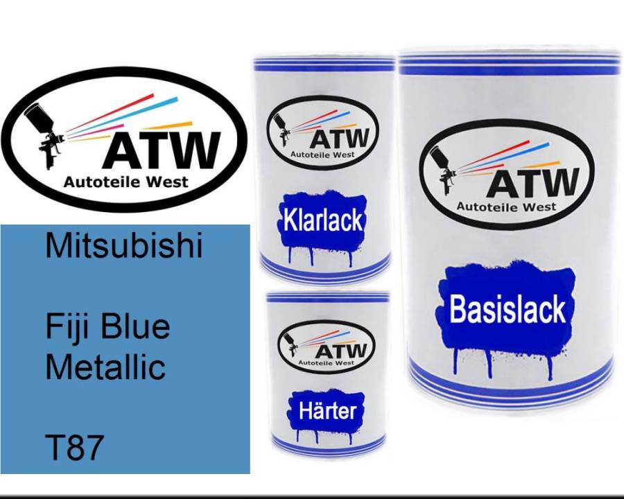 Mitsubishi, Fiji Blue Metallic, T87: 500ml Lackdose + 500ml Klarlack + 250ml Härter - Set, von ATW Autoteile West.